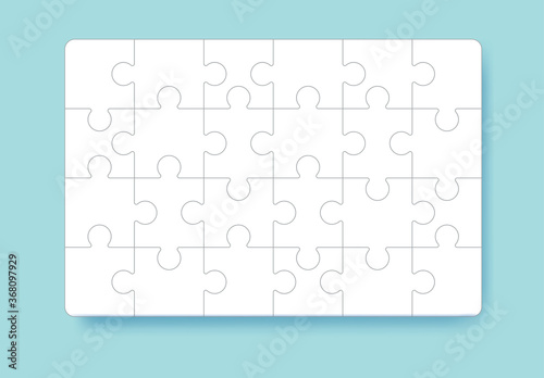 Puzzle pieces grid. Jigsaw puzzle 24 pieces, thinking game and 4x6 jigsaws detail frame design. Thinking puzzle game, success mosaic solution vector template.