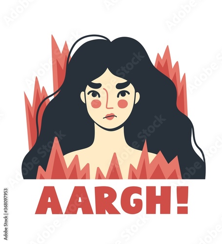 Stressed irritated woman, surrouded by fire. Overworked girl on the verge of psychological breakdown. Angry furious character. Vector hand-drawn illustration.