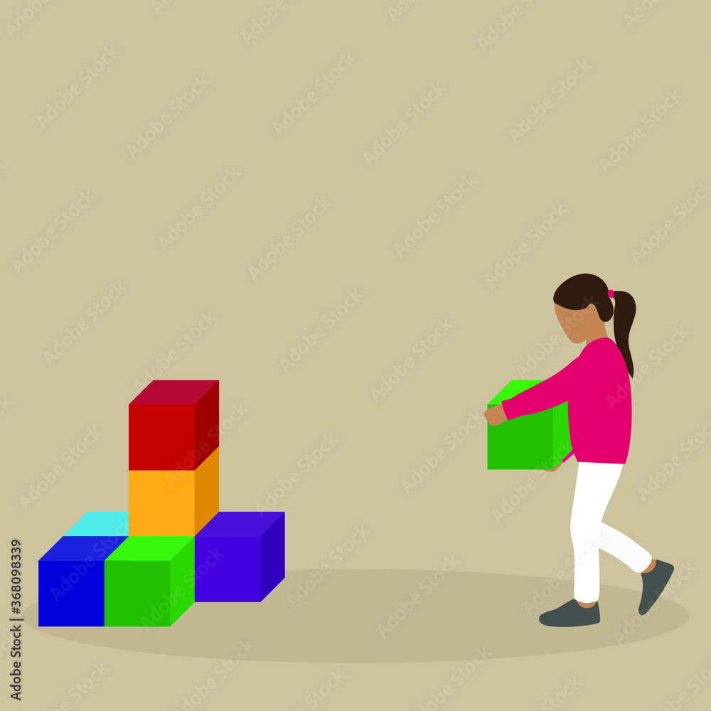 The girl carries in her hands a large cube to the tower of cubes The girl carries in her hands a large cube to the tower of cubes