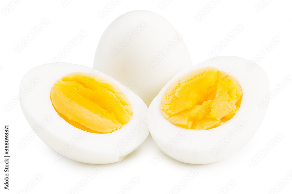 Single whole boiled egg with halved egg isolated on a white background Single whole boiled egg with halved egg isolated on a white background