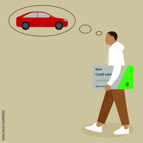 A man with a credit card in his hands dreams of a car