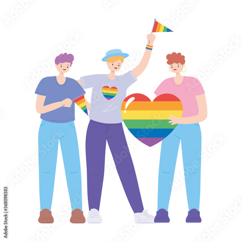 LGBTQ community, homosexual people with flag and heart rainbow, gay parade sexual discrimination protest