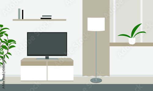 Room with tv, plants, bookshelf, window and floor lamp