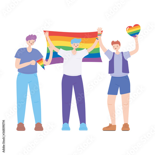 LGBTQ community  young men character with rainbow flags and heart  gay parade sexual discrimination protest