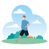 man running wearing medical mask outdoor, prevention coronavirus covid 19 vector illustration design