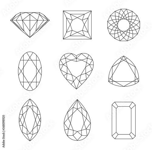 Gem stones line icons. Diamonds gems, luxury jewel gemstones and precious gem. Vector set of diamond design elements.