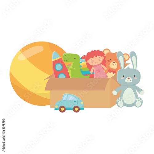 kids toys cardboard box full with doll bear rocket dinosaur ball and car object amusing cartoon