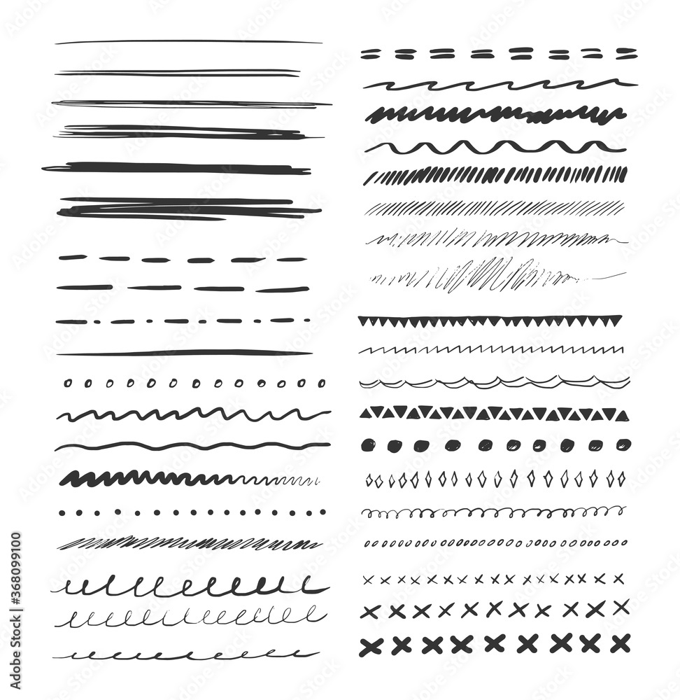 Set of hand drawn line. Grunge pencil line of black doodle graphite art texture. Vector grungy lines set