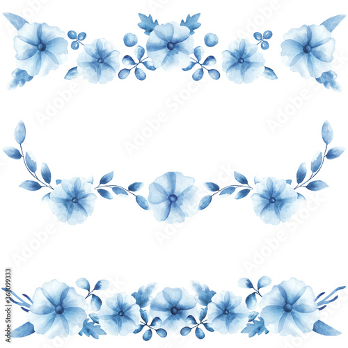 Watercolor border with blue poppies and leaves