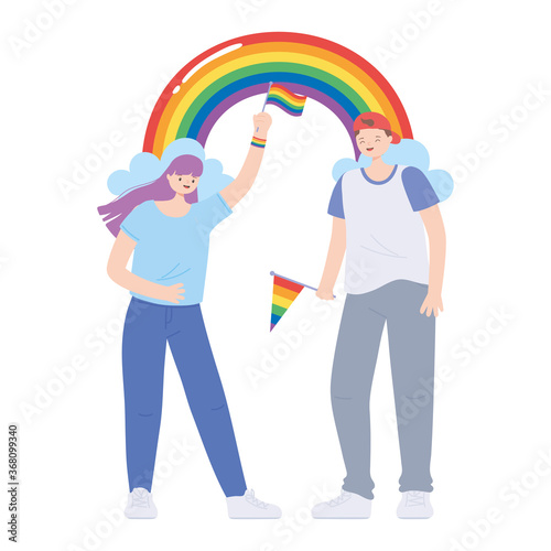 LGBTQ community, gay man and a lesbian girl holding a rainbow flag, parade sexual discrimination protest © Stockgiu