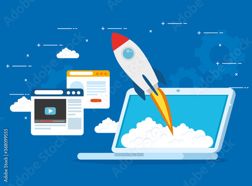 business start up concept, banner, business object startup process, rocket with laptop and web page vector illustration design