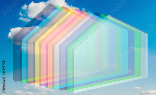 3d symbol of the house, with a simple and immediate image, which recalls geometry, the background colors and references to the theme of architecture,  with background in the sky photo
