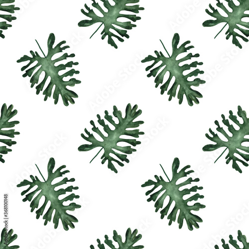 Watercolor hand drawn seamless tropical pattern with exotic green split leaf. Endless texture for design isolated on white background