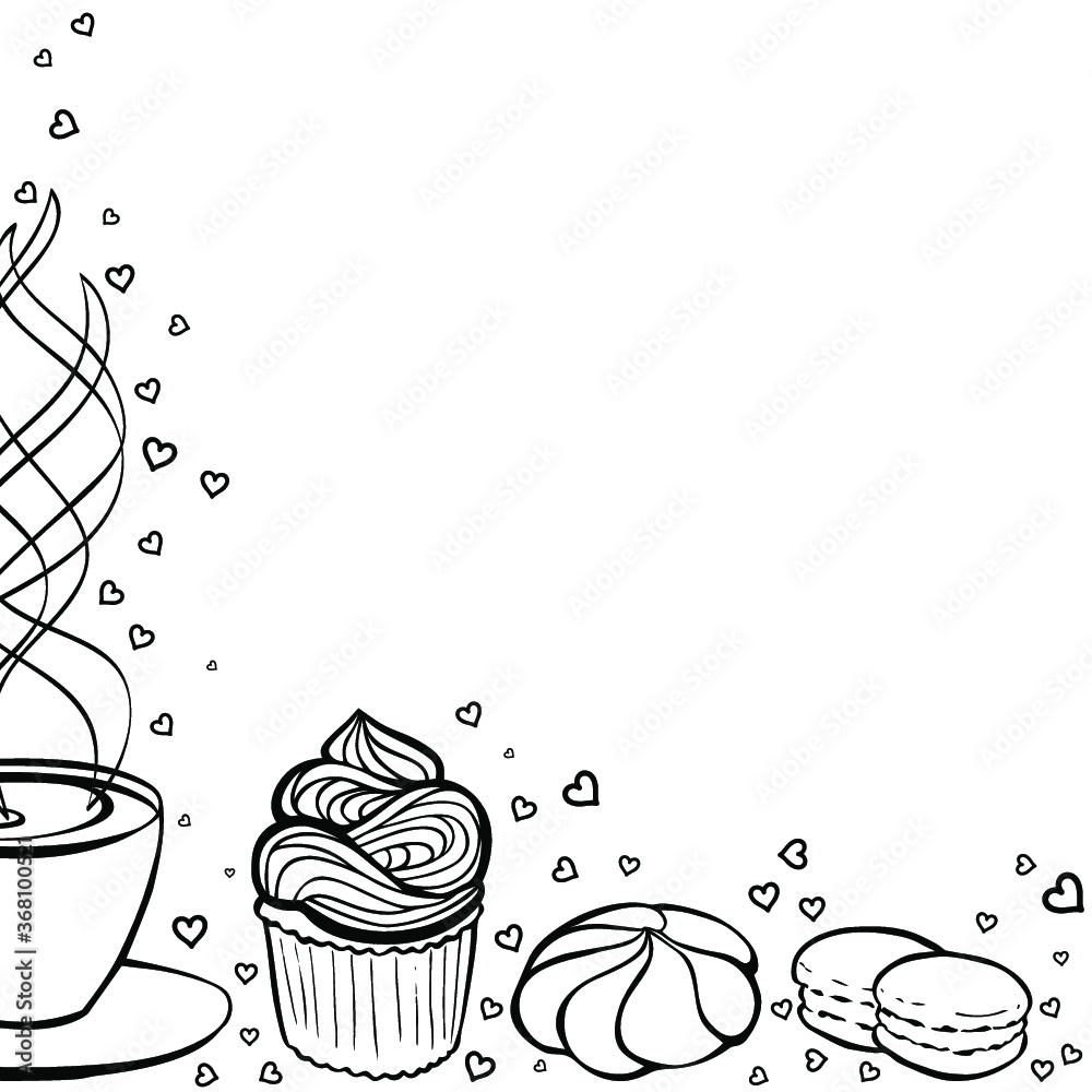 Tea party frame. Black and white hand drawn border for menus ...