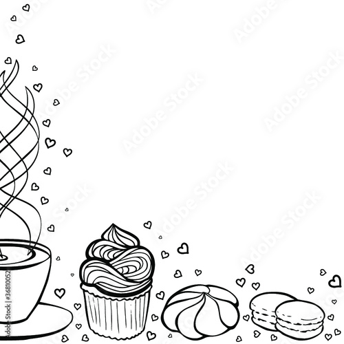 Tea party frame. Black and white hand drawn border for menus, invitations, cards, envelopes and sweet notes on Valentines Day. Coloring book