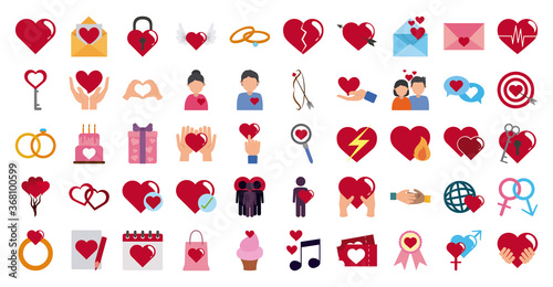 love heart romantic passion feeling message flat style icons set