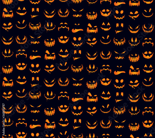 Seamless pattern with orange halloween pumpkins carved faces silhouettes. Can be used for scrapbook digital paper, textile print, page fill. Vector happy helloween illustration.