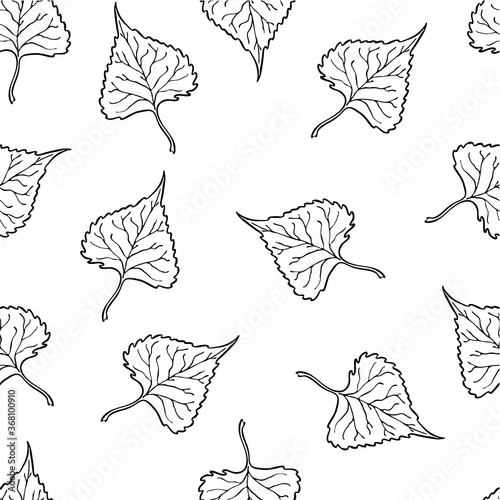 Seamless graphic design with hand drawn leaves. Fashion, interior, wrapping, packaging suitable. Repeat pattern of black and white poplar leaf isolated on white