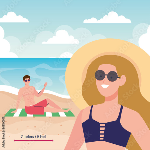 social distancing on the beach, couple keep distance two meters or six feet, new normal summer beach concept after coronavirus or covid 19 vector illustration design © Gstudio