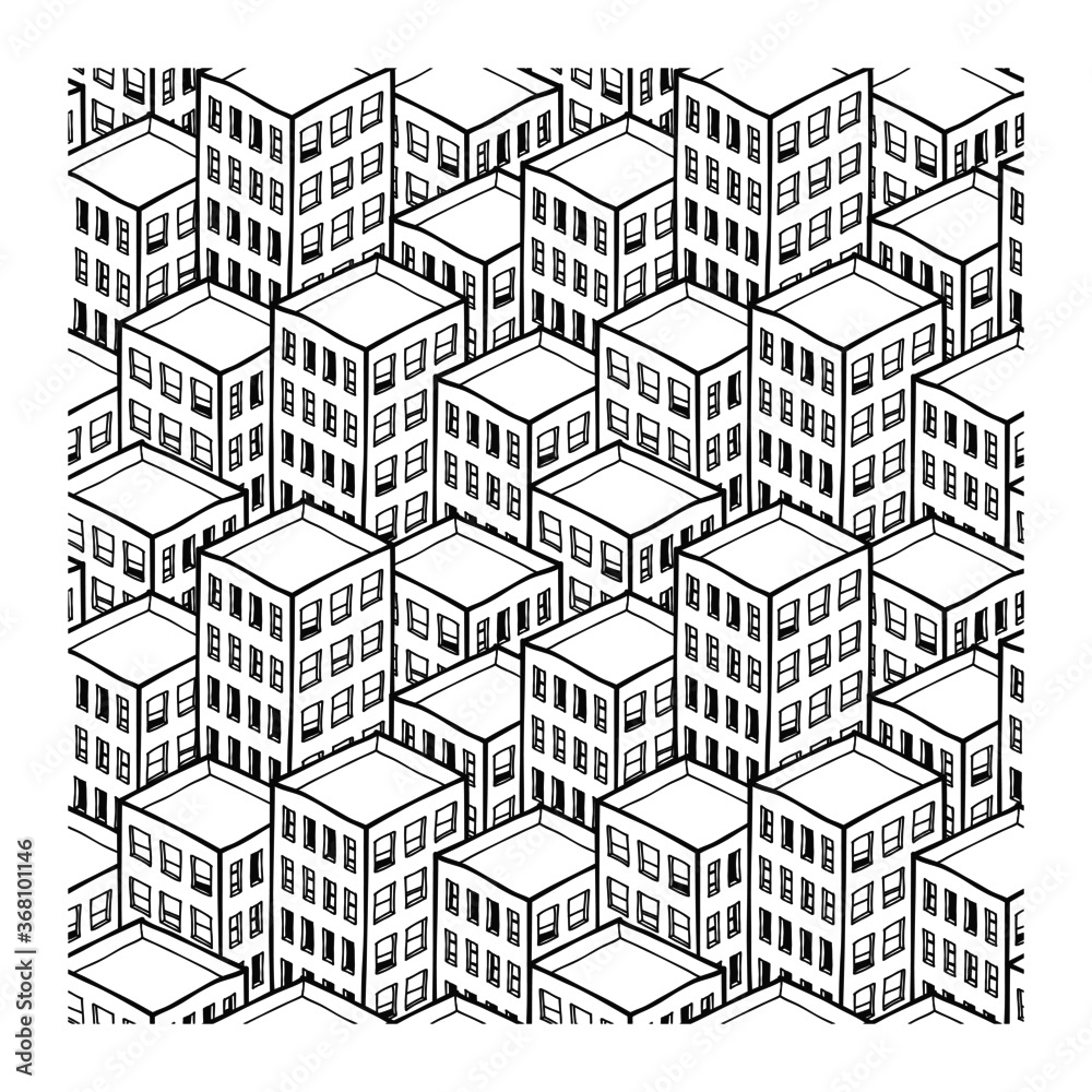 Seamless pattern of isometric buildings city for colouring.