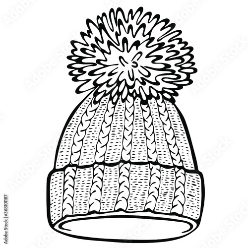 Realistic hand drawn hat with a pompom. Vector illustration knitted seasonal winter traditional accessories with ornament