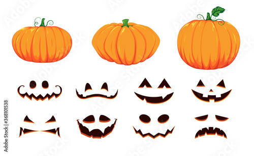 Halloween collection of pumpkin faces. Generator with empty pumpkins and scary faces. Vector cartoon set.