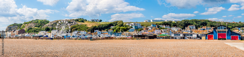 A panorama view across the old town beach in Hastings, Sussex in summer