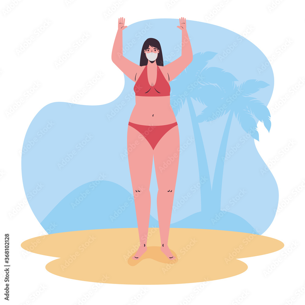 woman with swimsuit wearing medical mask in the beach, tourism with coronavirus, prevention covid 19 in summer season vector illustration design