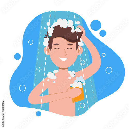 Young man taking shower in bathroom. Washes head, hair and body with shampoo and soap. Flat cartoon vector illustration isolated on white background.