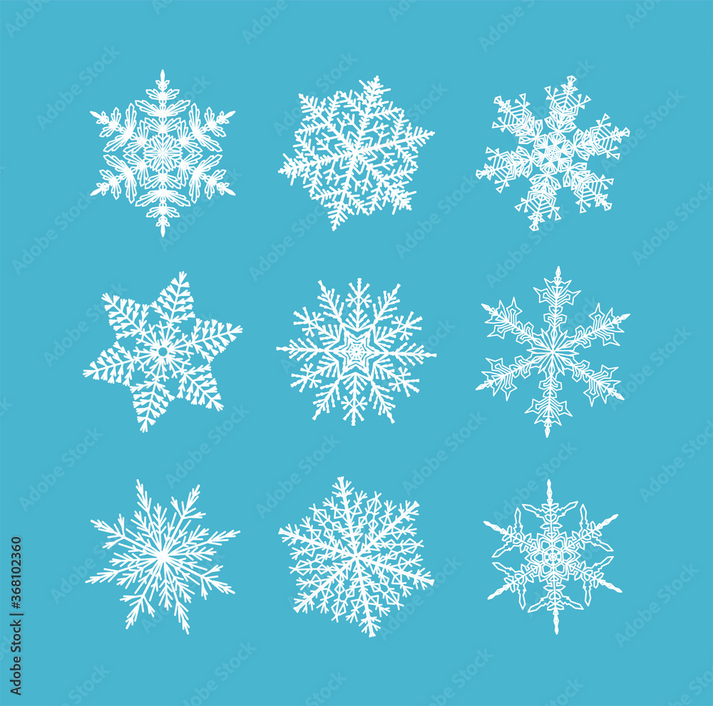 Flat snowflakes. Winter set of white snowflakes isolated icon silhouette on blue background. Flat snowflakes. Winter set of white snowflakes isolated icon silhouette on blue background.