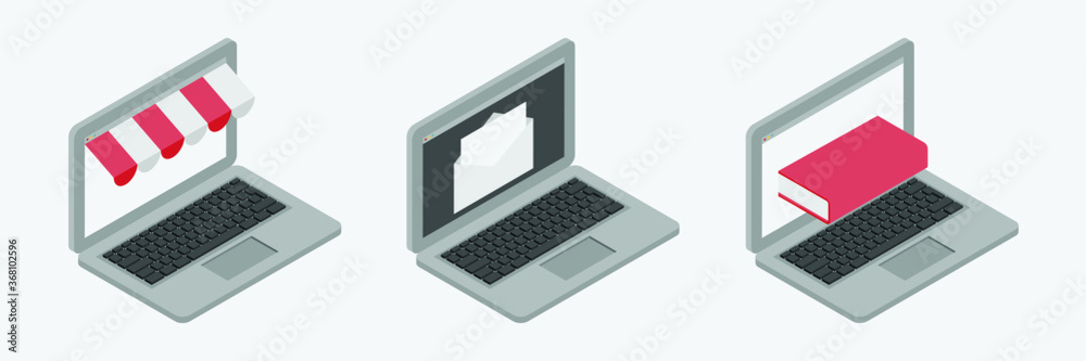 set of vector art illustration in isometric view of three laptops with book, store and email on screens