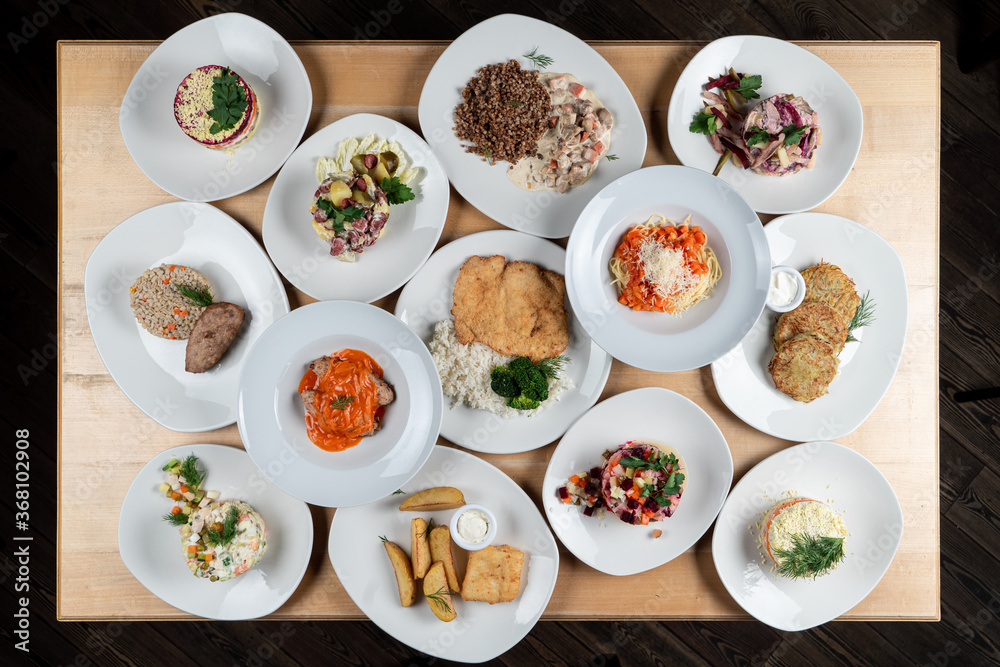 Assortment of russian meals on a table, directly above view Assortment of russian meals on a table, directly above view