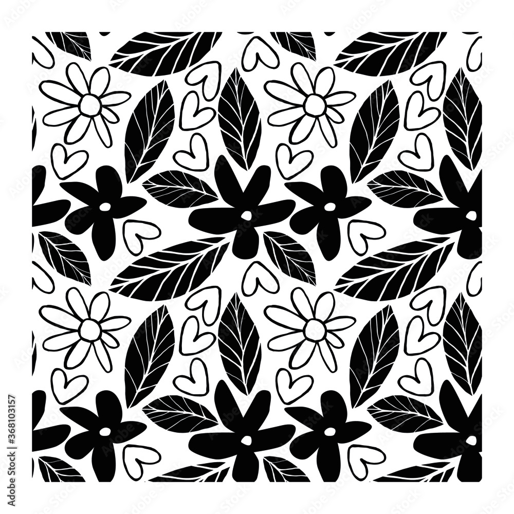 Seamless pattern of black and white silhouette stamp of flowers, hearts and leaves. Decorative floral elements. Seamless pattern of black and white silhouette stamp of flowers, hearts and leaves. Decorative floral elements.