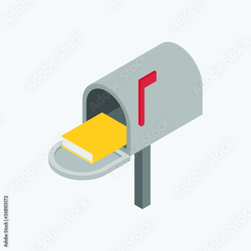 isometric vector illustration of isolated open mailbox  in grey and red, with yellow book on inside