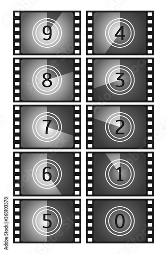 Movie countdown frame. Vintage silent film and blank full frame still photography film. Old film movie timer count. Vector illustration.