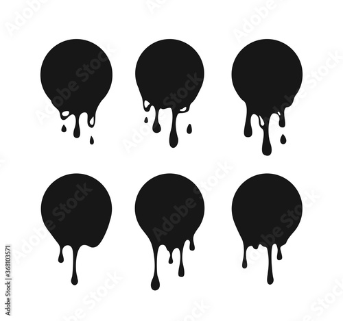 Dripping circle paint. Drip drops, round spots, splash shapes, ink paint leak or circle liquid black stains isolated collection. Vector illustration.