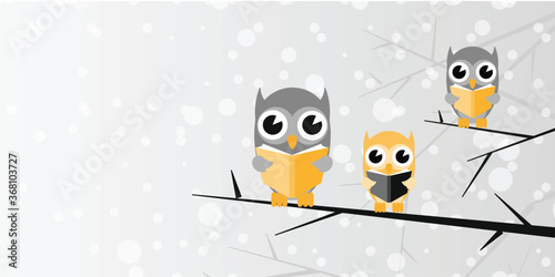 vector illustration of three owls reading books in branches of a tree in snow and grey background