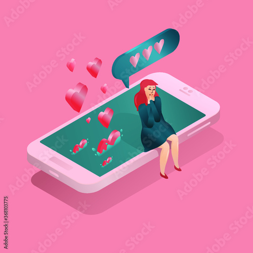 a girl in love sits on the edge of a mobile phone from which hearts fly out, and dreams of love.