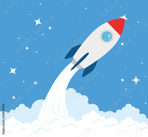 rocket flying with clouds, scenary with white clouds vector illustration design