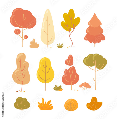 Vector autumn trees. Simple collection of autumn trees of different shapes. Vector illustration.