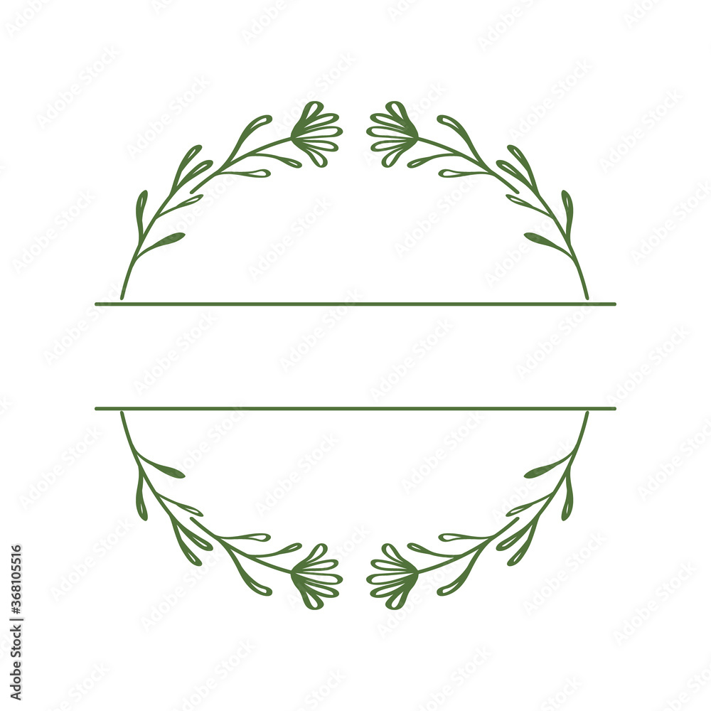 Round wreath with a burst for text or monogram. Split monogram. Floral frame with linear elements in doodle style. Elegant border with abstract flowers and branches. Vector illustration. Copy space
