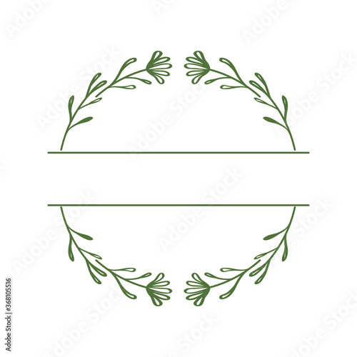 Round wreath with a burst for text or monogram. Split monogram. Floral frame with linear elements in doodle style. Elegant border with abstract flowers and branches. Vector illustration. Copy space