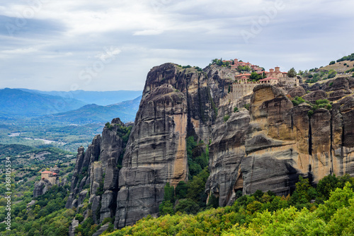 View of the stunning rock formations of Meteora and Holy Monastery of the Transfiguration of Christ, Monastery of Varlaam and Holy Monastery of Saint Nicholas Anapafsas at Meteora