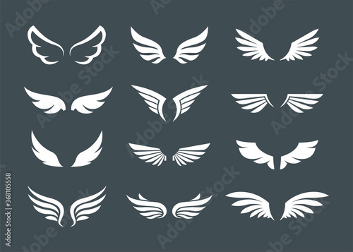 White wings. Set of open wings for badges and signs. Vector illustrations