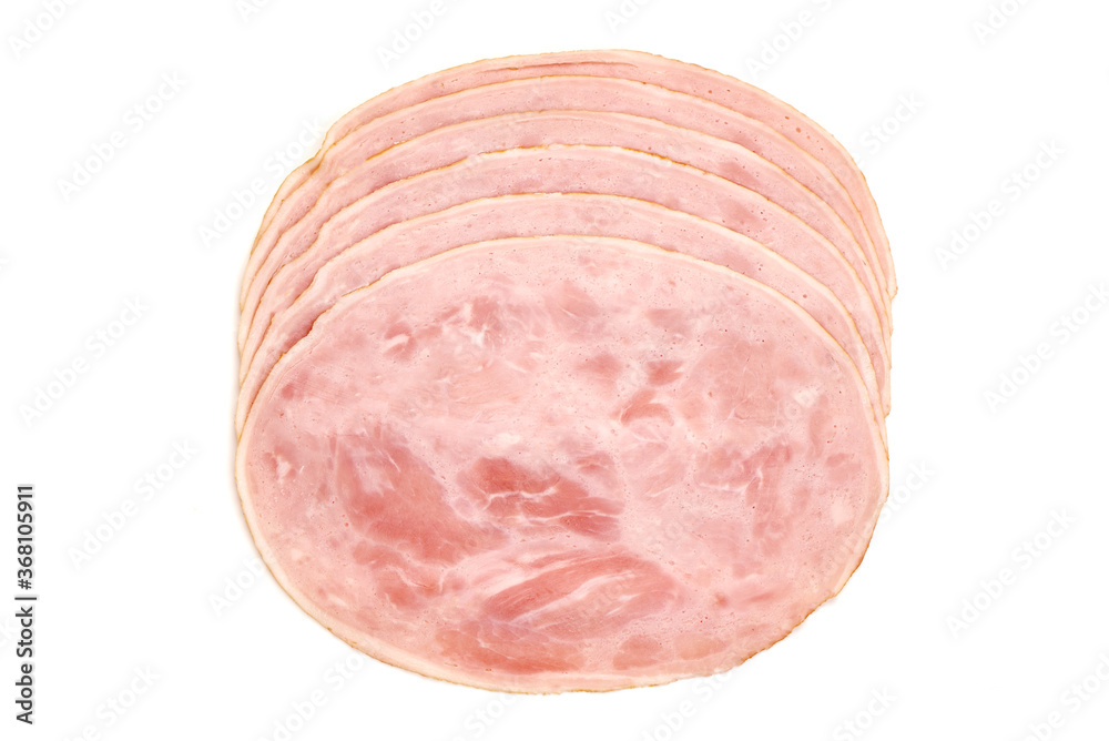 Thinly Sliced Ham, boiled sausage, close-up, isolated on white background Thinly Sliced Ham, boiled sausage, close-up, isolated on white background