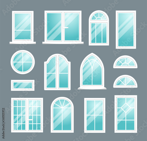 Set of various isolated white plastic windows on dark background. Vector illustration.