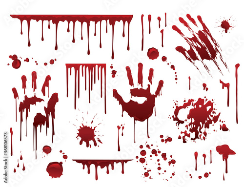 Dripping blood. Halloween bloody splatter spots and bleeding hand traces. Collection various red paint splatter, isolated on white background.
