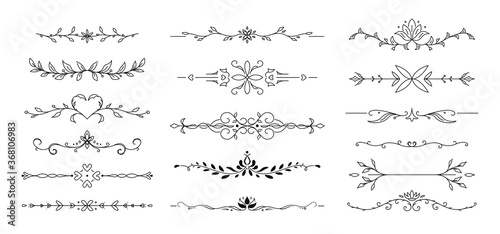 Flower text divider line. Ornamental divider and leaves ornaments. Vector Illustration.
