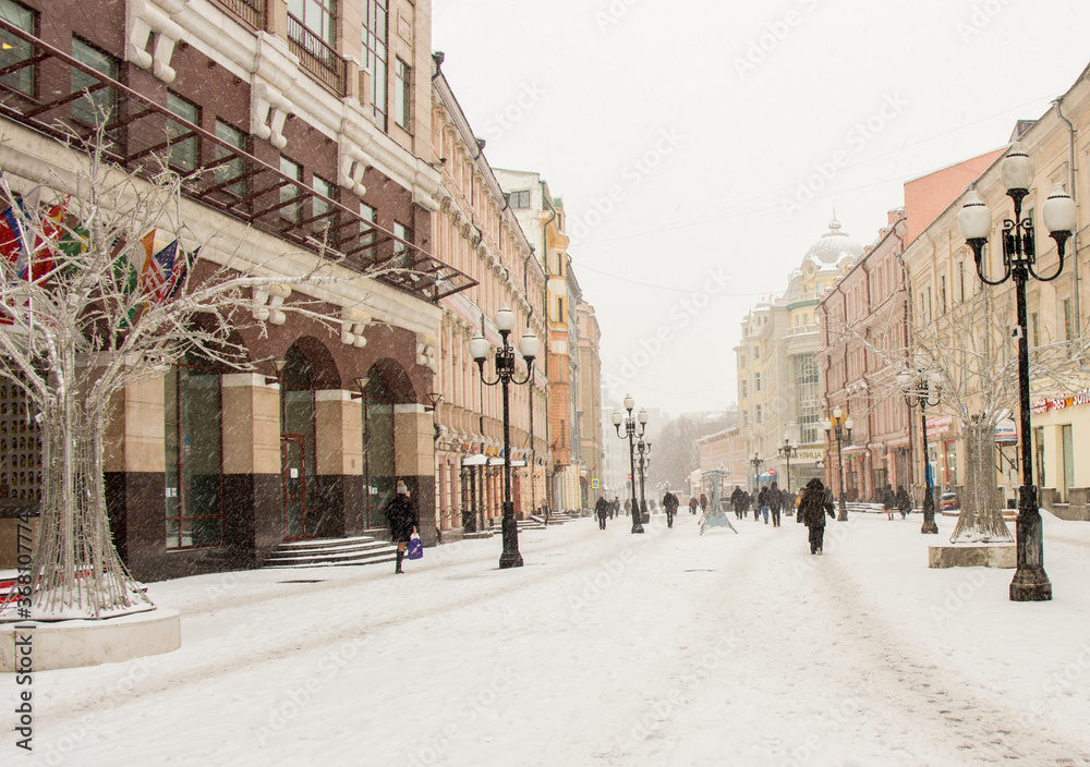 Moscow, Russia. Arbat street in snowfall