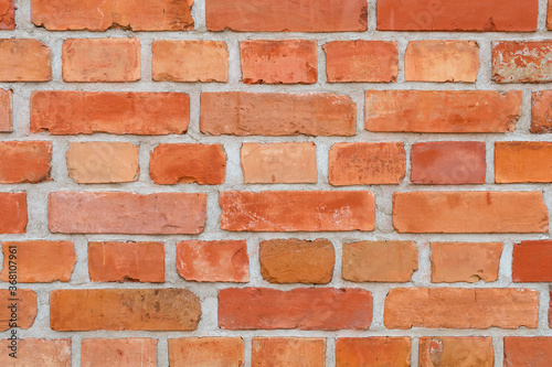 Red brick wall texture for background. A wall constructed with red bricks (fired clay) of various lengths